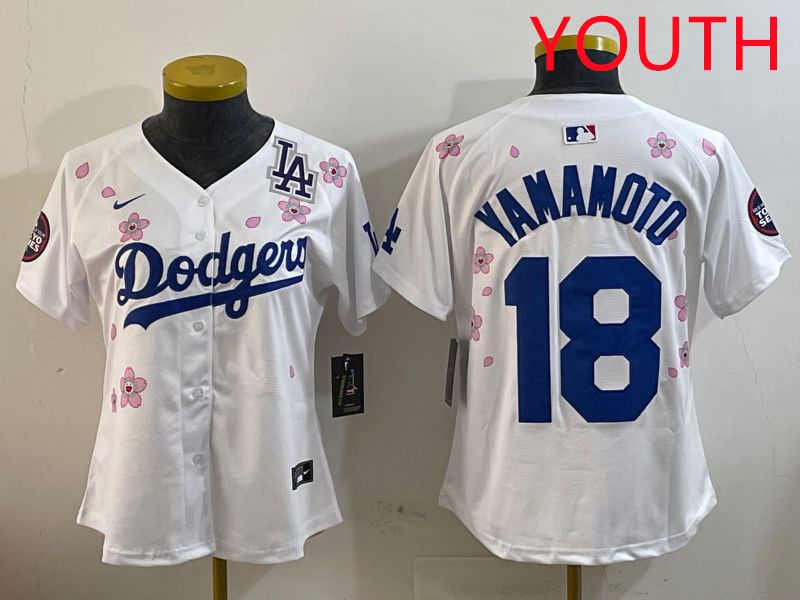Youth Los Angeles Dodgers #18 Yamamoto White Sakura Edition 2025 Nike MLB Jersey style 4->youth mlb jersey->Youth Jersey